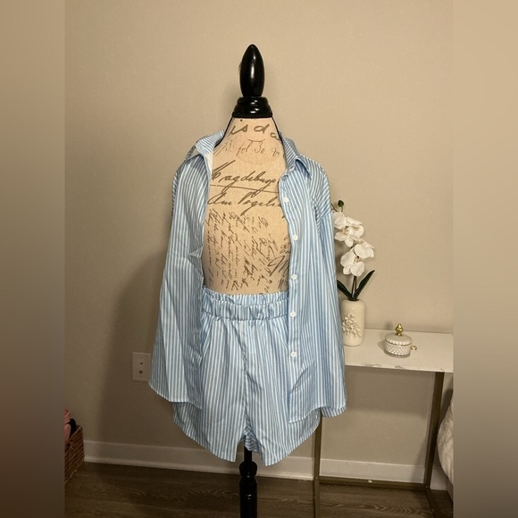Other - DO NOT BUY. “SOLD” Blue Striped Button-Up Shirt and Shorts Set